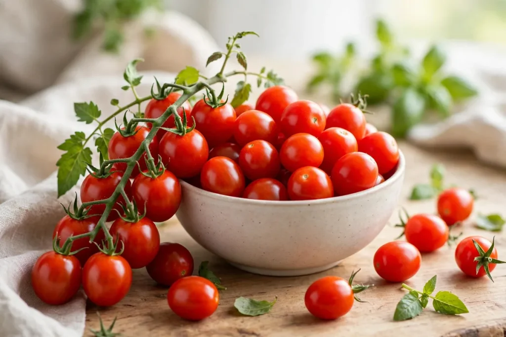 A bowl of fresh red grape tomatoes with a vine of tomatoes beside it and basil leaves