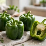 Green bell peppers on a kitchen counter, one cut in half