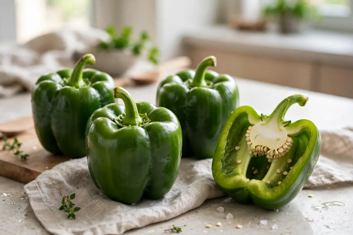 Green bell peppers on a kitchen counter, one cut in half