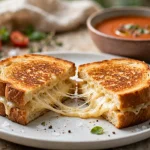 A grilled cheese sandwich cut in half with melted cheese pulling between the halves, tomato soup behind