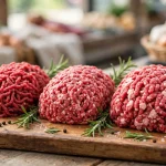 Three mounds of raw ground beef with different fat levels on a wooden butcher tray with rosemary