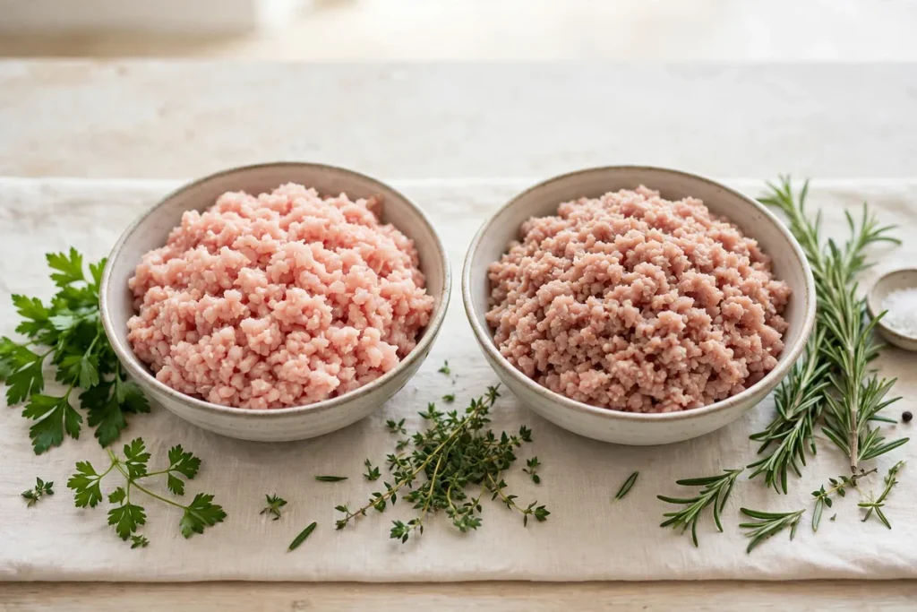 bowls of raw ground chicken and ground turkey side by side