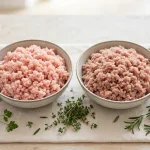 bowls of raw ground chicken and ground turkey side by side