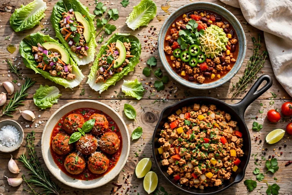 what to cook with ground turkey — turkey chili, lettuce wraps, meatballs and tacos on a table