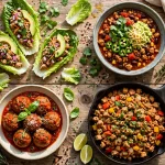 what to cook with ground turkey — turkey chili, lettuce wraps, meatballs and tacos on a table