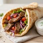 Gyro wrap with sliced meat, vegetables and tzatziki sauce