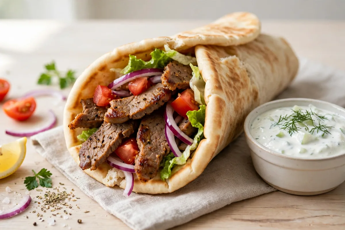 Gyro wrap with sliced meat, vegetables and tzatziki sauce