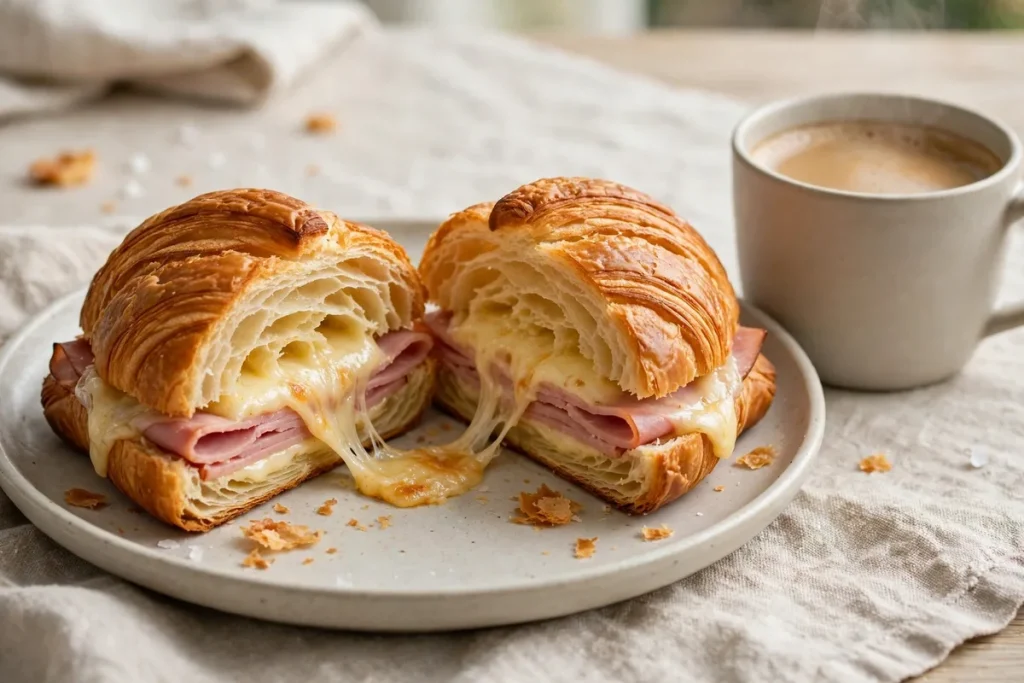 A ham and cheese croissant cut in half showing melted cheese and ham layers, with a cup of coffee