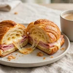 A ham and cheese croissant cut in half showing melted cheese and ham layers, with a cup of coffee