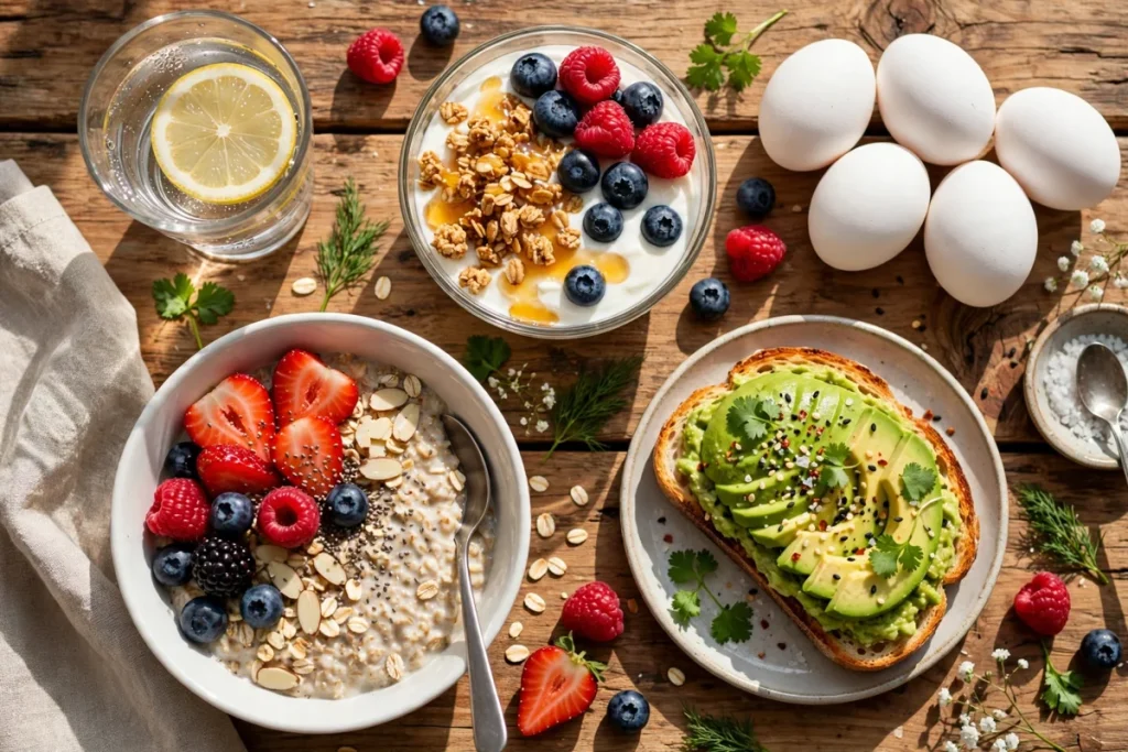 healthy breakfast with eggs, oatmeal, yogurt and avocado toast
