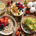 healthy breakfast with eggs, oatmeal, yogurt and avocado toast