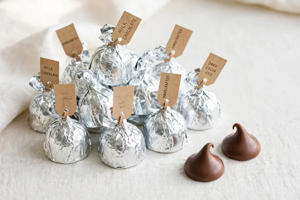 Calories in a Hershey Kiss - foil wrapped chocolate kisses with two unwrapped milk chocolate drops