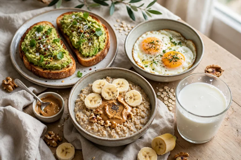 high calorie breakfast — eggs, avocado toast, oatmeal with banana and peanut butter, and a glass of milk