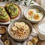 high calorie breakfast — eggs, avocado toast, oatmeal with banana and peanut butter, and a glass of milk