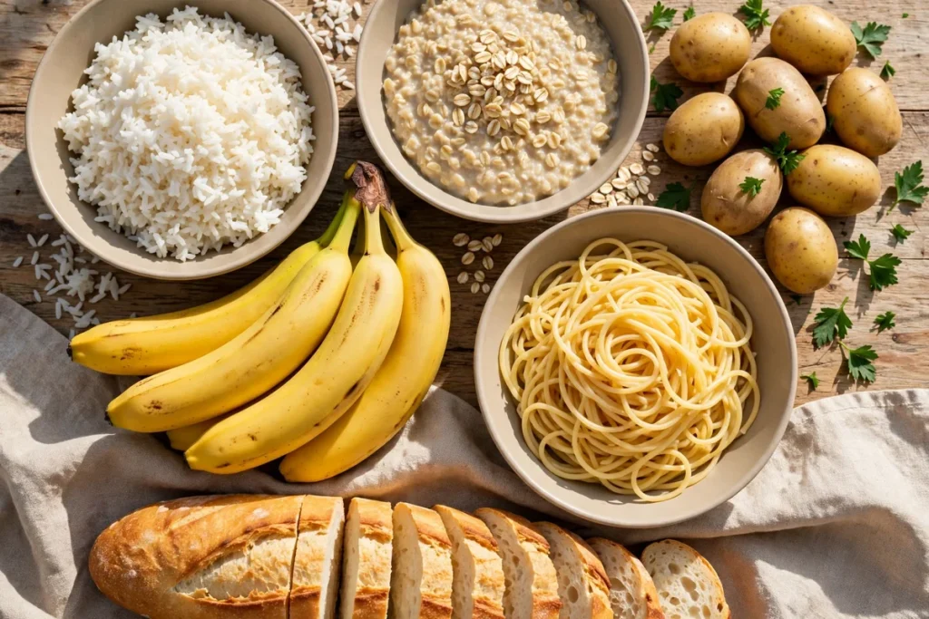 high carb low fat foods — bowls of rice, oats, potatoes, bananas, pasta and bread on a table