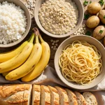 high carb low fat foods — bowls of rice, oats, potatoes, bananas, pasta and bread on a table