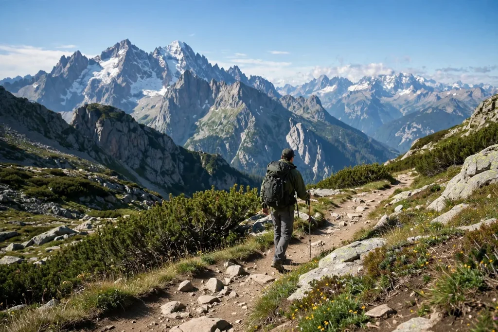 A hiker with a backpack walking a rocky mountain trail below snow-capped peaks
