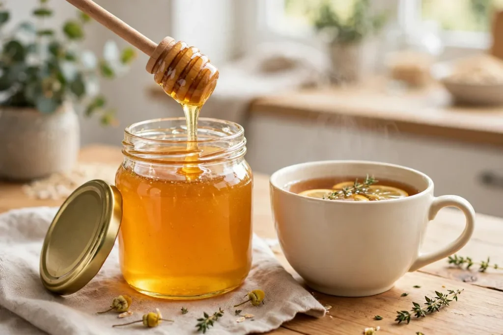 A jar of golden honey with a dipper drizzling honey, beside a cup of herbal tea