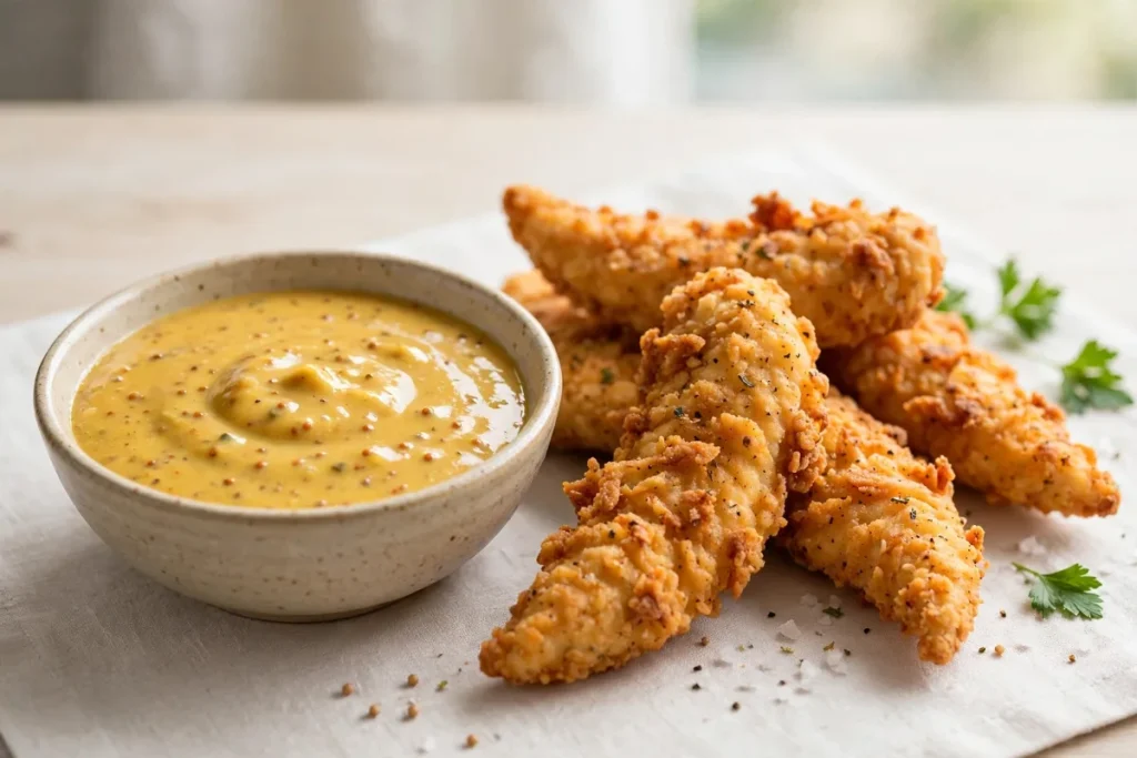 Small bowl of honey mustard sauce with chicken tenders