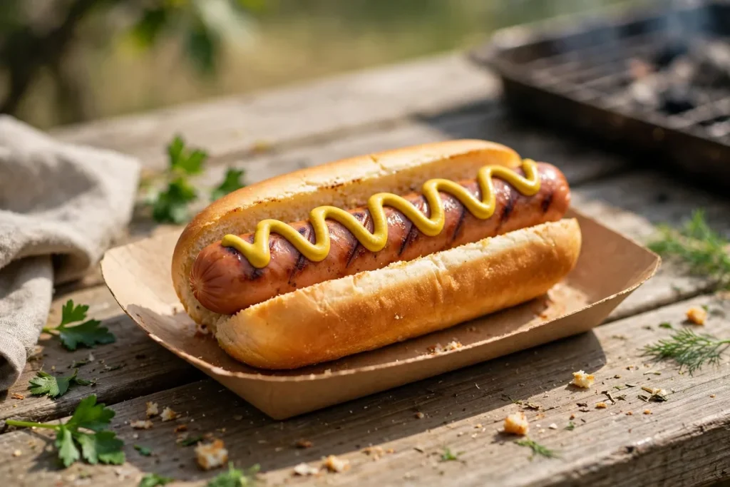 A grilled hot dog frank in a bun with mustard on a paper tray at an outdoor cookout