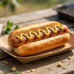 A grilled hot dog frank in a bun with mustard on a paper tray at an outdoor cookout