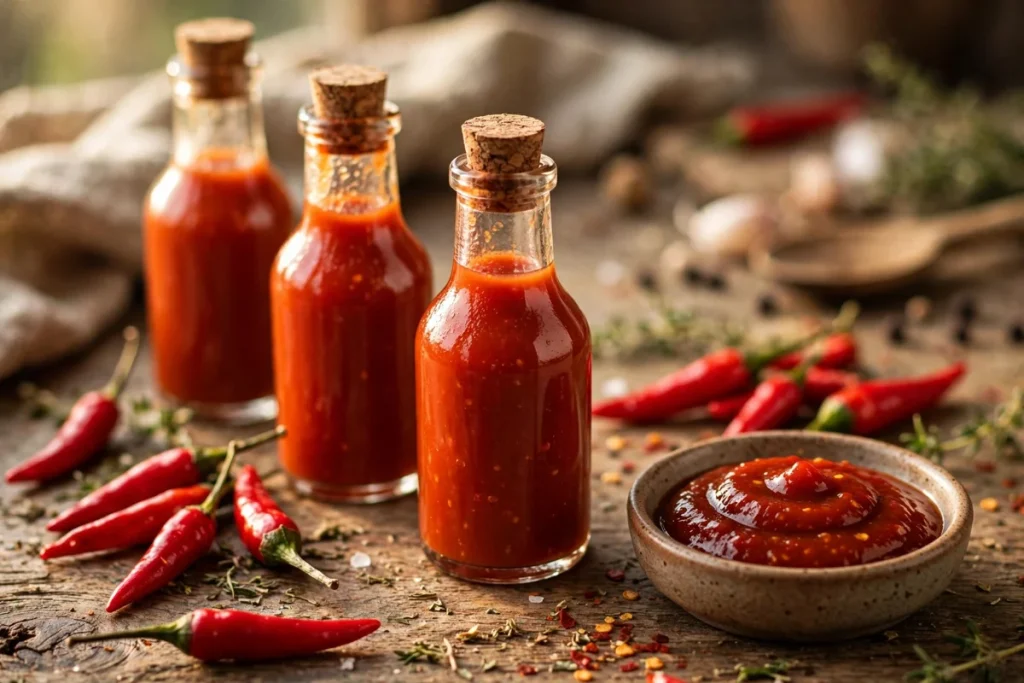hot sauce bottles with fresh red chillies