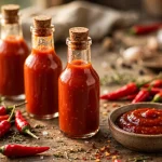 hot sauce bottles with fresh red chillies