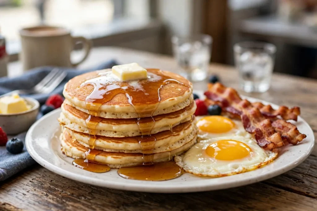 Stack of pancakes with bacon and eggs at a diner