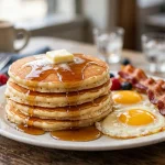 Stack of pancakes with bacon and eggs at a diner