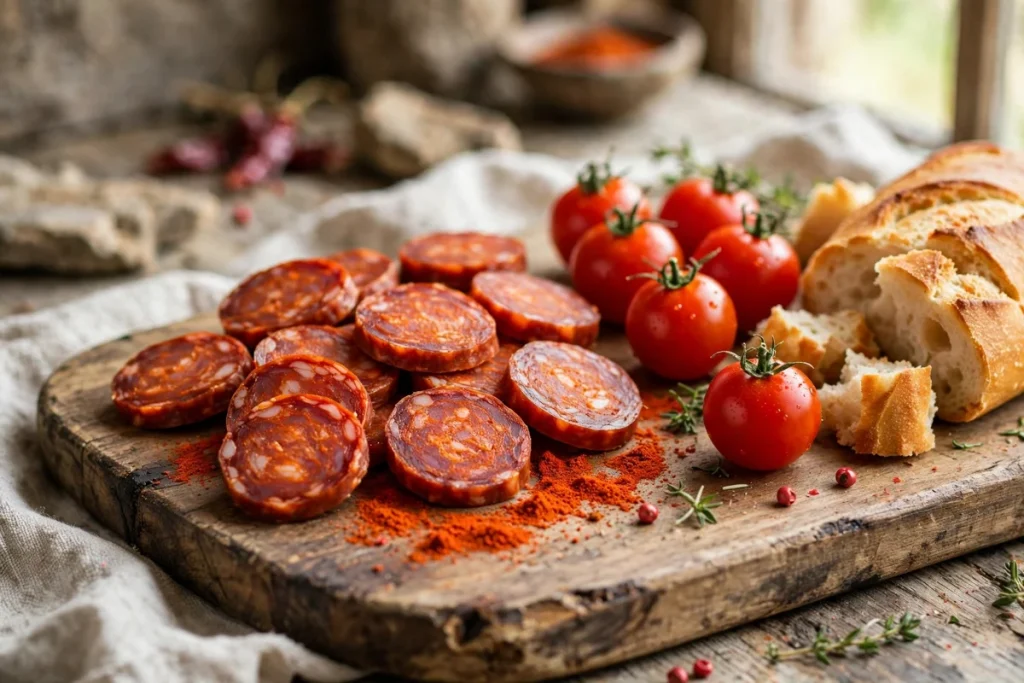 is chorizo healthy — sliced cured chorizo on a wooden board with paprika, tomatoes and bread