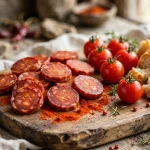 is chorizo healthy — sliced cured chorizo on a wooden board with paprika, tomatoes and bread