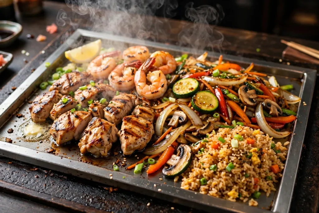 hibachi plate with grilled chicken shrimp vegetables and fried rice