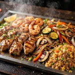 hibachi plate with grilled chicken shrimp vegetables and fried rice