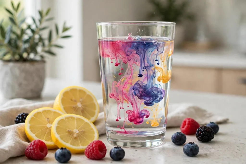 is mio bad for you — a glass of water with flavour drops swirling in, lemon and berries beside it
