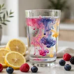 is mio bad for you — a glass of water with flavour drops swirling in, lemon and berries beside it