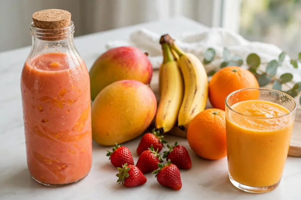 is naked juice healthy — a bottled fruit smoothie beside fresh mango, strawberries, banana and oranges