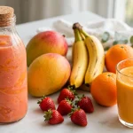 is naked juice healthy — a bottled fruit smoothie beside fresh mango, strawberries, banana and oranges