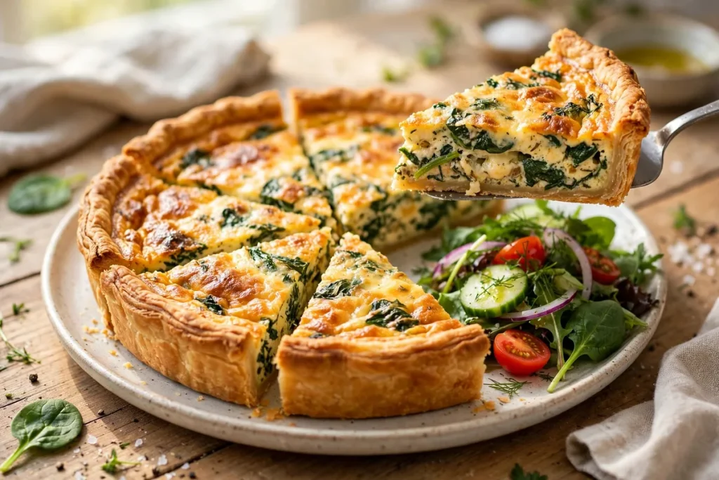 quiche slices with spinach and cheese filling and a green salad on the side