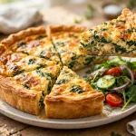 quiche slices with spinach and cheese filling and a green salad on the side