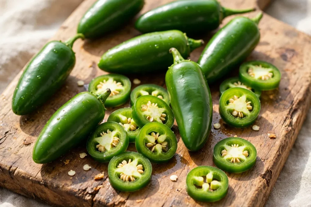 Fresh green jalapeño peppers, some sliced into rings, on a wooden board