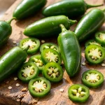Fresh green jalapeño peppers, some sliced into rings, on a wooden board