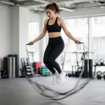 A woman jumping rope in a bright gym, the rope blurred in motion beneath her feet