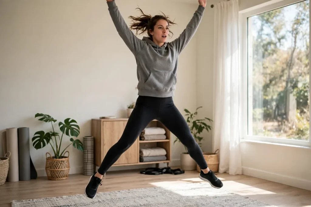 A woman doing jumping jacks at home in a bright room mid-jump