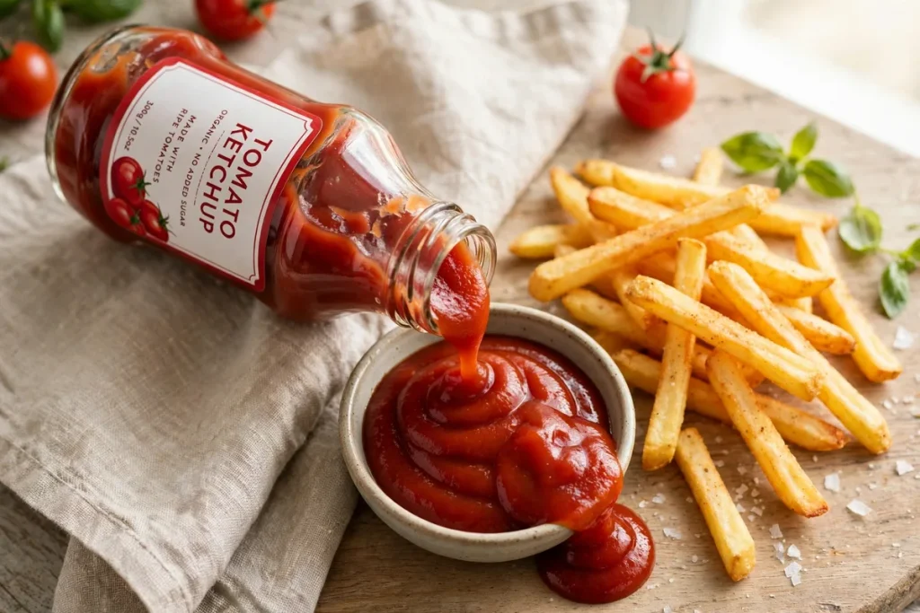 A bottle of tomato ketchup pouring into a small bowl next to french fries