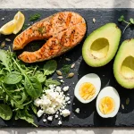 A keto meal board with grilled salmon, avocado, eggs, leafy greens and crumbled cheese