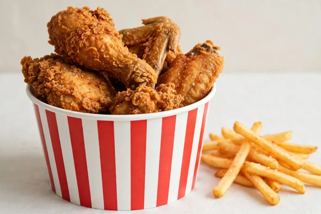 Crispy fried chicken pieces in a striped paper bucket with fries