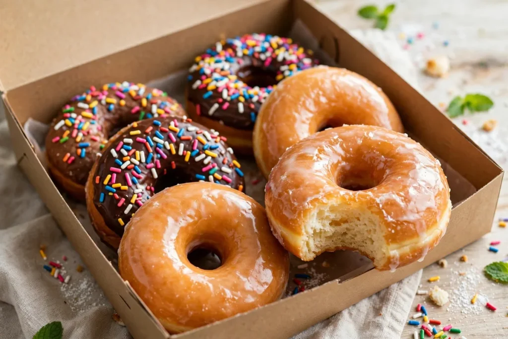 A box of glazed and chocolate sprinkled doughnuts, one with a bite taken out