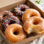 A box of glazed and chocolate sprinkled doughnuts, one with a bite taken out