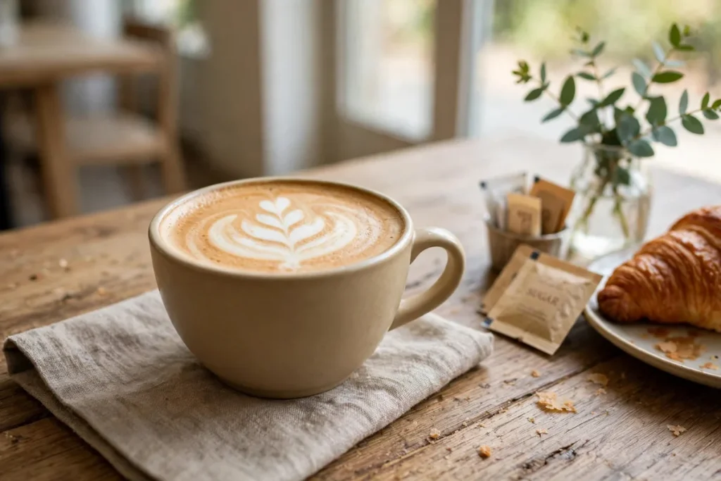 Cup of latte with leaf latte art on a cafe table