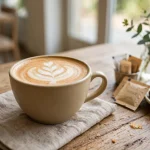 Cup of latte with leaf latte art on a cafe table
